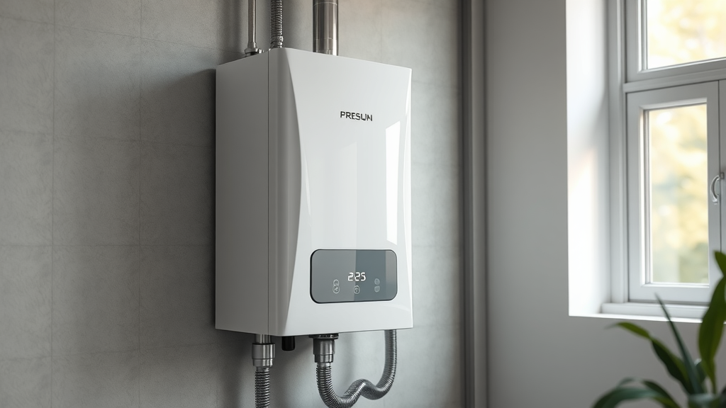 Modern tankless water heater installed on wall, digital display glowing, tankless water heater installation, efficient home heater service