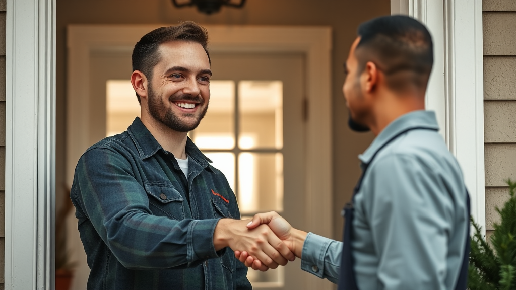 friendly plumber shaking hands with satisfied customer, demonstrating plumbing trade best practices in customer service