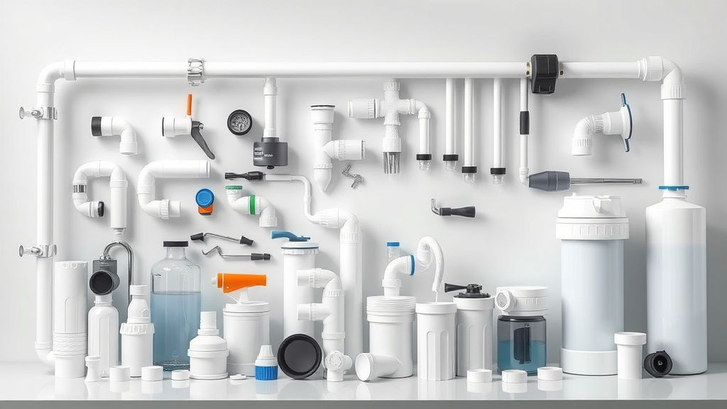 Assorted plumbing pipes and water filters for rainwater harvesting systems