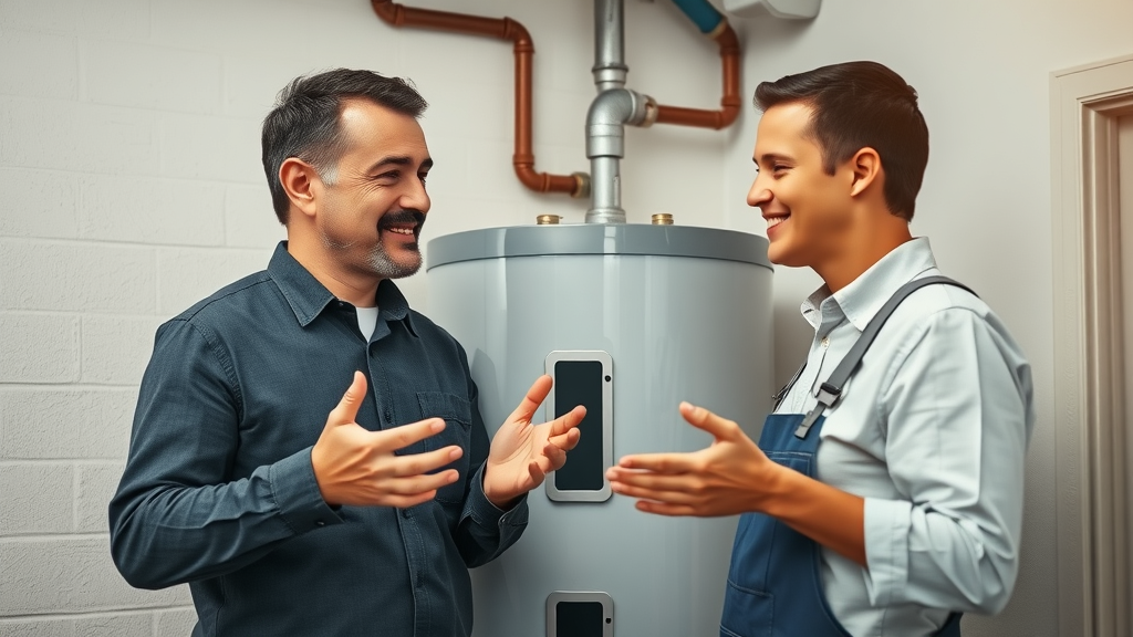 homeowner and technician doing water heater service in Chesterfield, collaborative routine maintenance