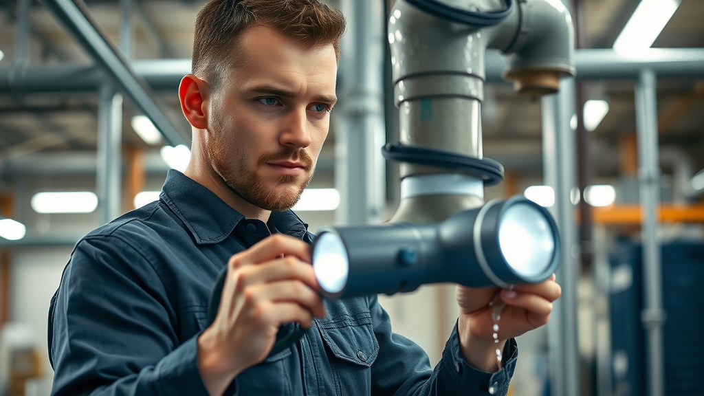 Professional plumber in Chesterfield inspecting a leaking commercial pipe with a flashlight, water drips visible, bright industrial environment – commercial pipe repair Chesterfield