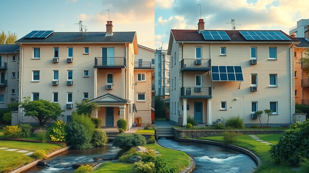comparison of traditional and sustainable plumbing systems, environmental impact, water waste, energy use, urban buildings, solar panels, rainwater harvesting