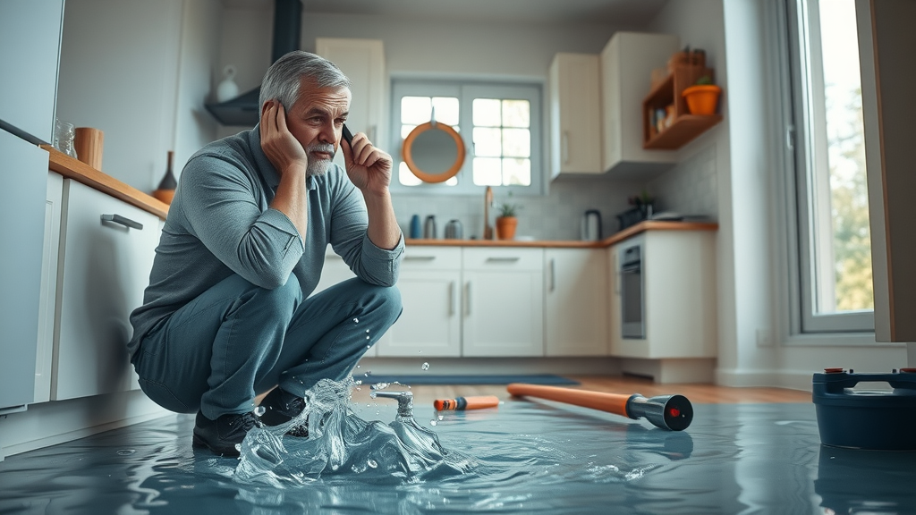 Emergency plumber Chesterfield responding to urgent residential kitchen water crisis with homeowner, modern Chesterfield home, water flooding floor, tools visible, natural daylight