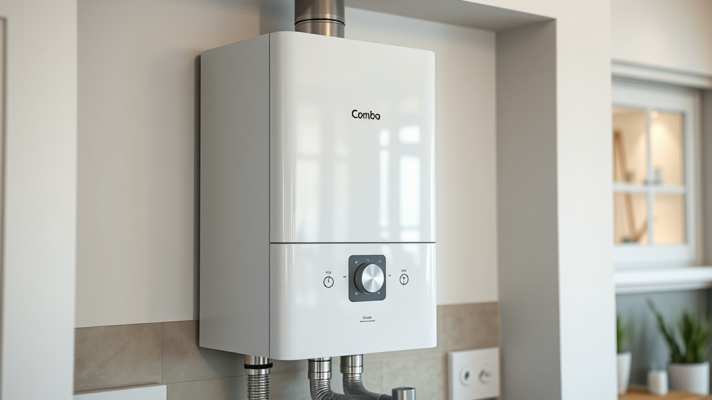 Modern combi boiler installed in Chesterfield home. Close-up showing clean design in a contemporary kitchen.