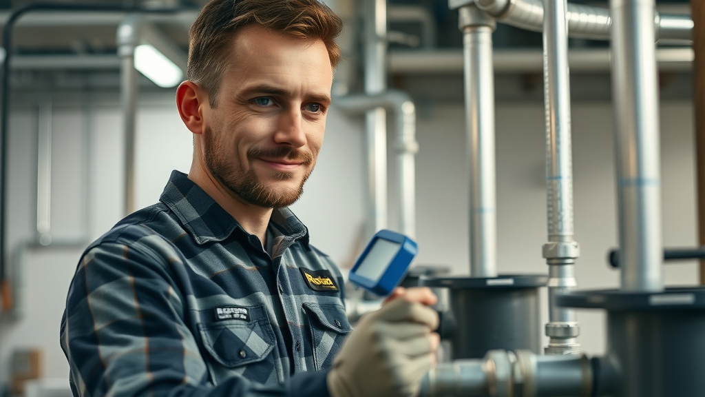 Experienced Chesterfield plumber checking commercial pipes for leaks with digital tools and advanced plumbing repair equipment