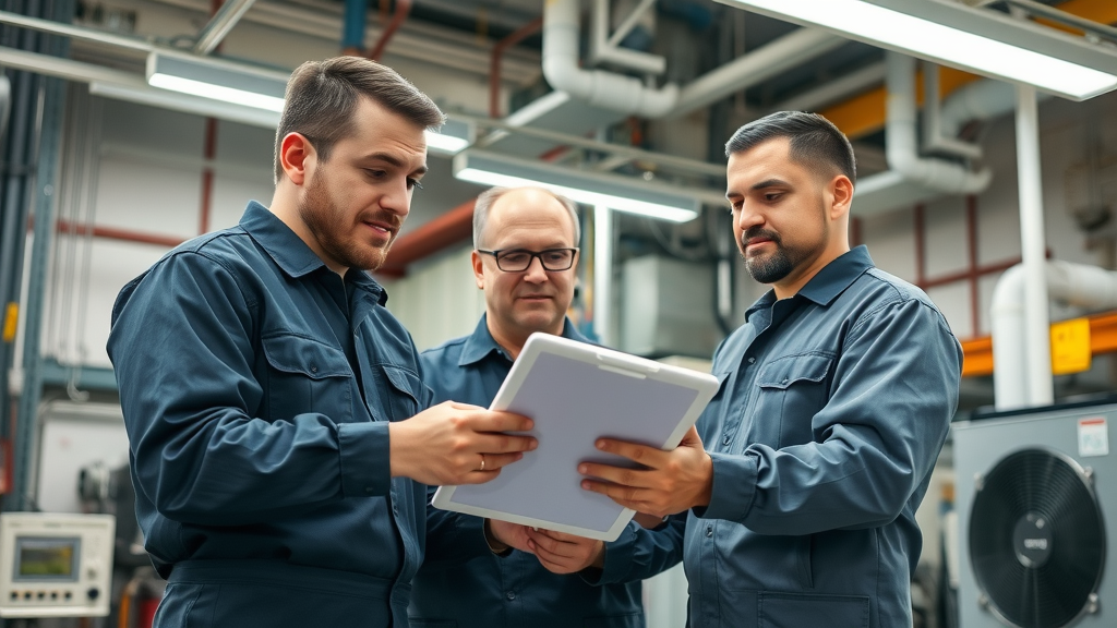 hvac maintenance - expert technician team reviewing hvac maintenance checklist in technical workshop