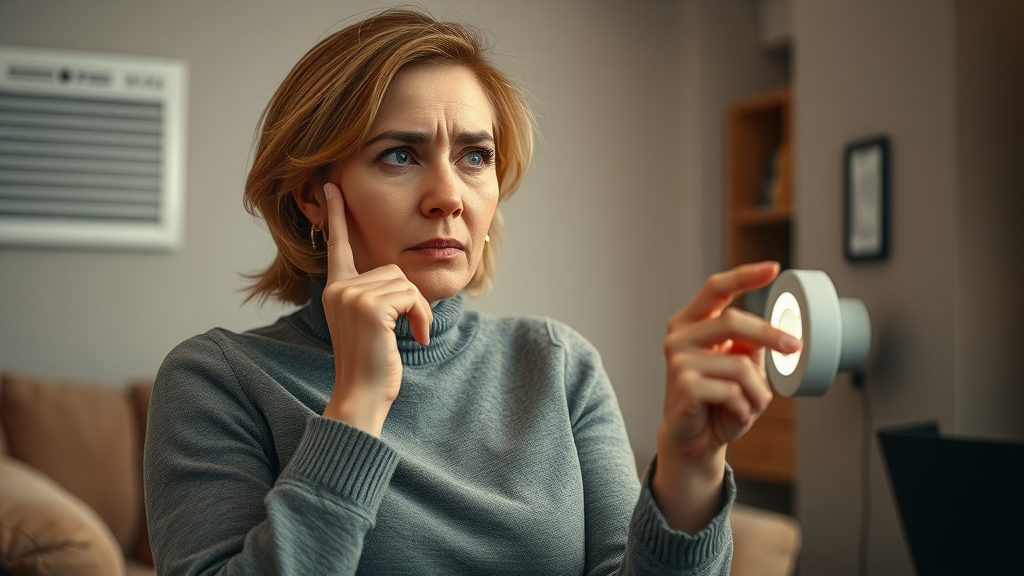Woman concerned listening to loud HVAC noise in Chesterfield home, thermostat, anxious expression