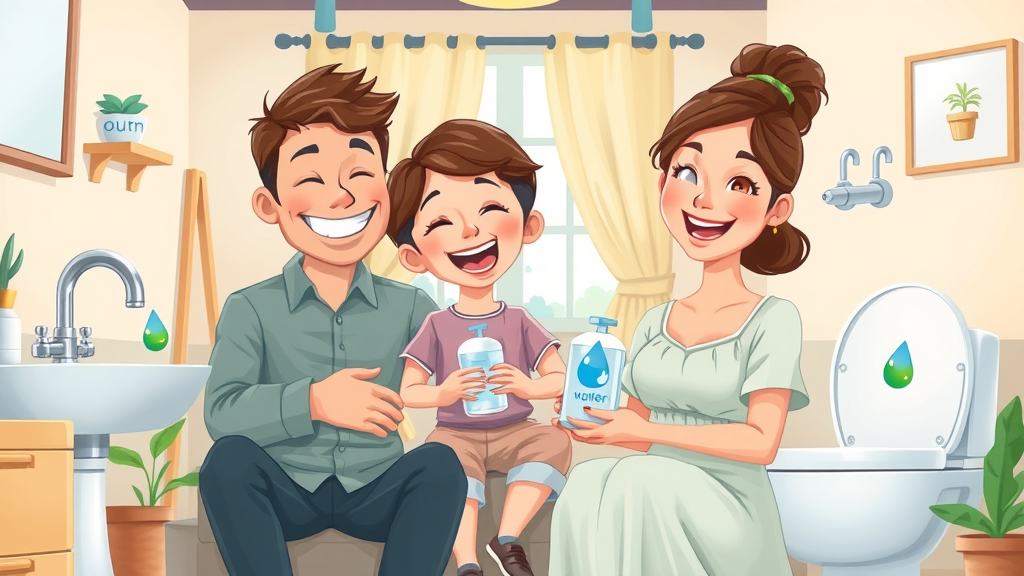 cheerful family in a cozy home practicing water-saving habits with visible water-saving plumbing fixtures, faucets, and toilets