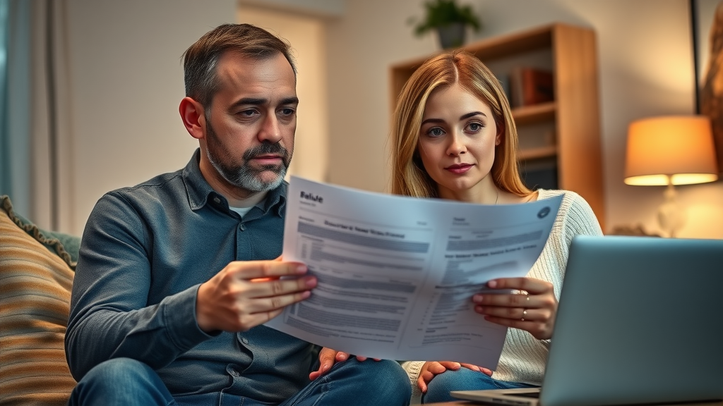 thoughtful homeowner couple reviewing plumber
