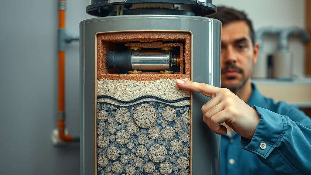 Educational image showing sediment buildup in a water heater - technician explaining maintenance and problems, schematic with visible particles, realistic colors.