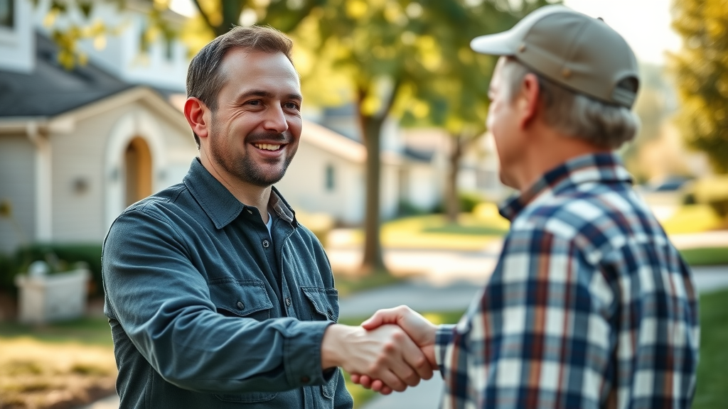 A friendly local engineer confidently shaking hands with a homeowner on a bright Chesterfield residential street, demonstrating top plumbing and heating Chesterfield service.