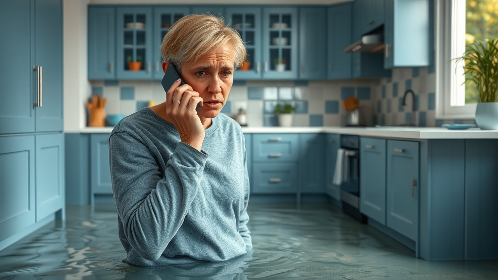 Distressed homeowner on phone in Chesterfield kitchen during plumbing emergency with water flooding the floor, emergency plumber Chesterfield