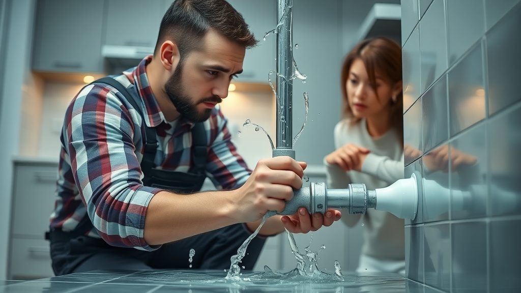 Urgent residential plumbing emergency, plumber in modern kitchen fixing leaking pipe, emergency plumbing Chesterfield