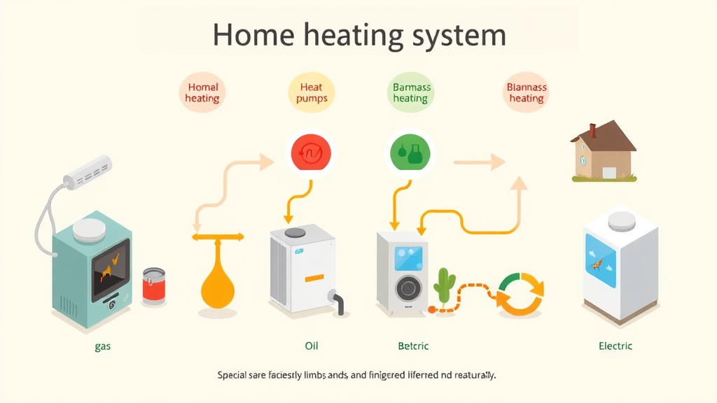 Visual comparison of home heating systems by carbon footprint, showing gas, oil, heat pumps, biomass, and electric with their emission differences