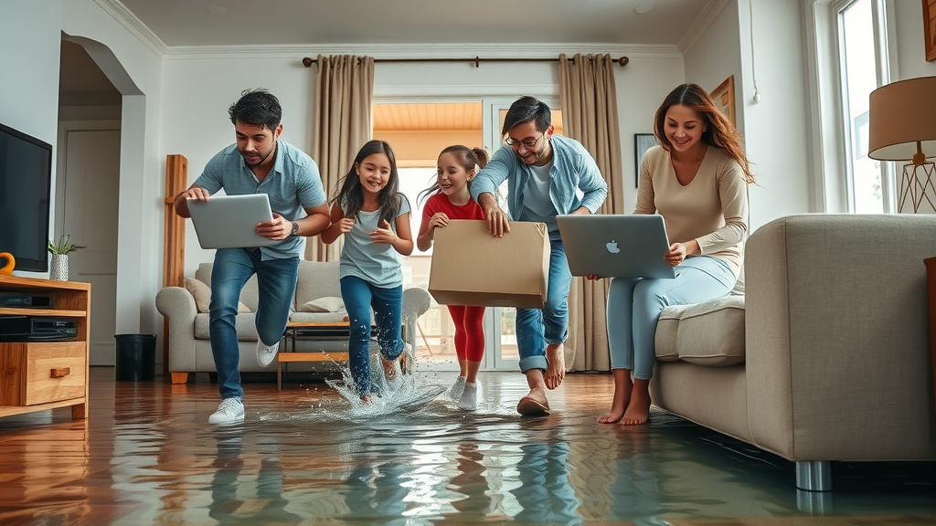 Family moving valuables from water-damaged Chesterfield home to prevent further damage from burst pipe