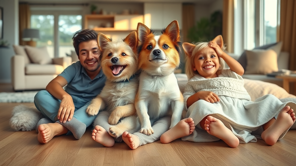 happy Chesterfield family on warm underfloor heated wooden floor