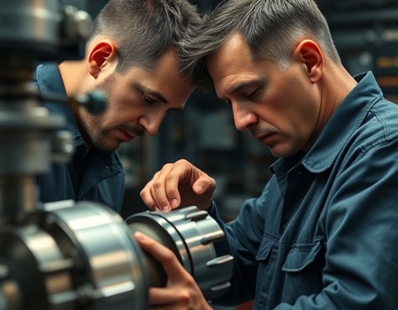 precise cylinder maintenance, concentrated mechanic, inspecting cylinder condition, photorealistic, clean mechanical workspace, highly detailed, light reflections on metal surfaces, balanced colors, ambient light, shot with a 35mm lens