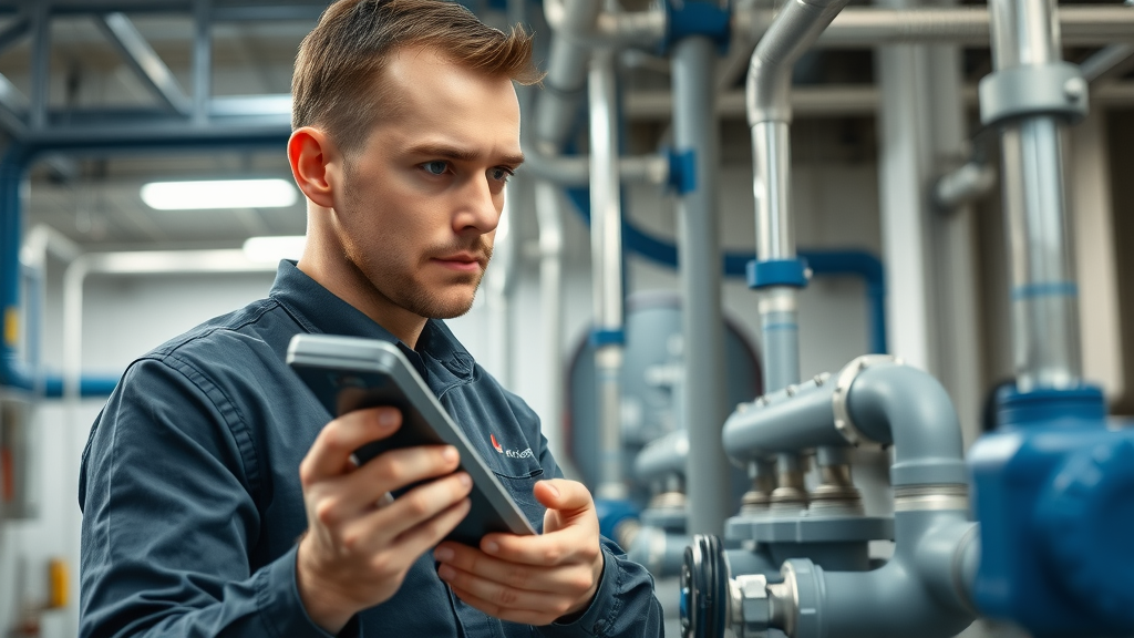 professional plumber in Chesterfield inspecting commercial plumbing system with diagnostic tools