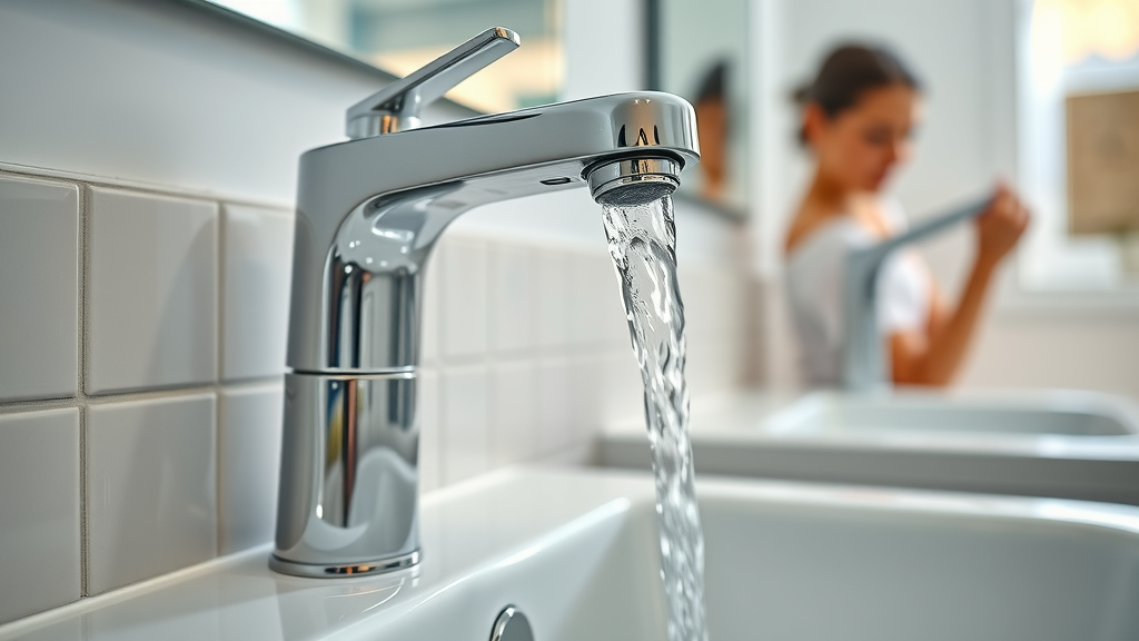 sleek water-saving faucet with WaterSense label used by homeowner in modern bathroom - watersense labeled plumbing fixtures closeup