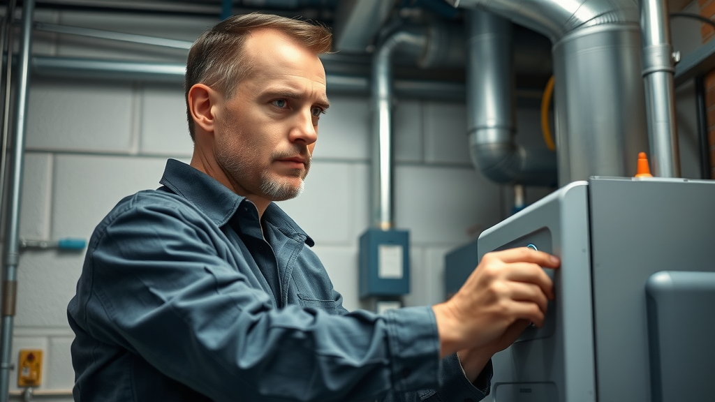 hvac technician adjusting heating system installation modern utility room
