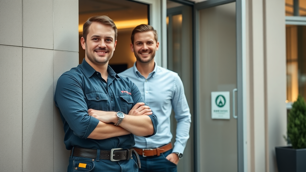 Dependable emergency commercial plumber with business client in modern Chesterfield city, ready to respond