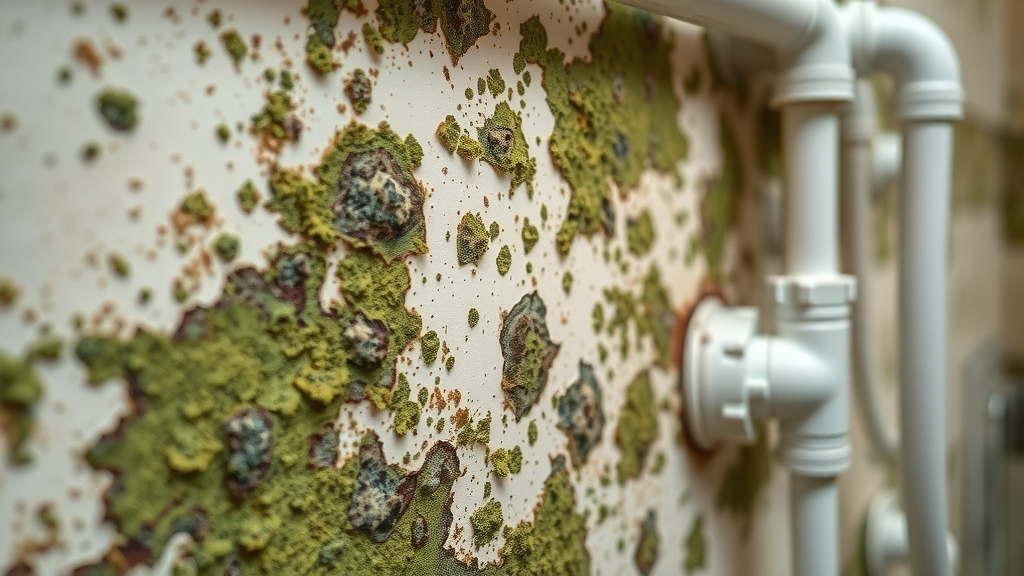 close-up of mold on a residential wall near plumbing due to water leak