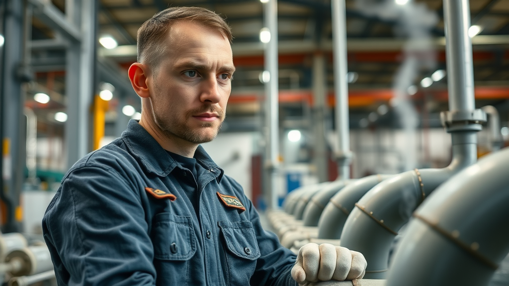 industrial plumber chesterfield inspecting pipes in manufacturing facility
