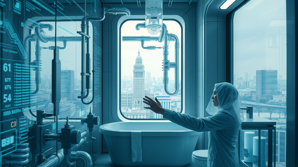 futuristic bathroom with digital smart controls, transparent plumbing pipes, sustainable water recycling, innovative environmental impact