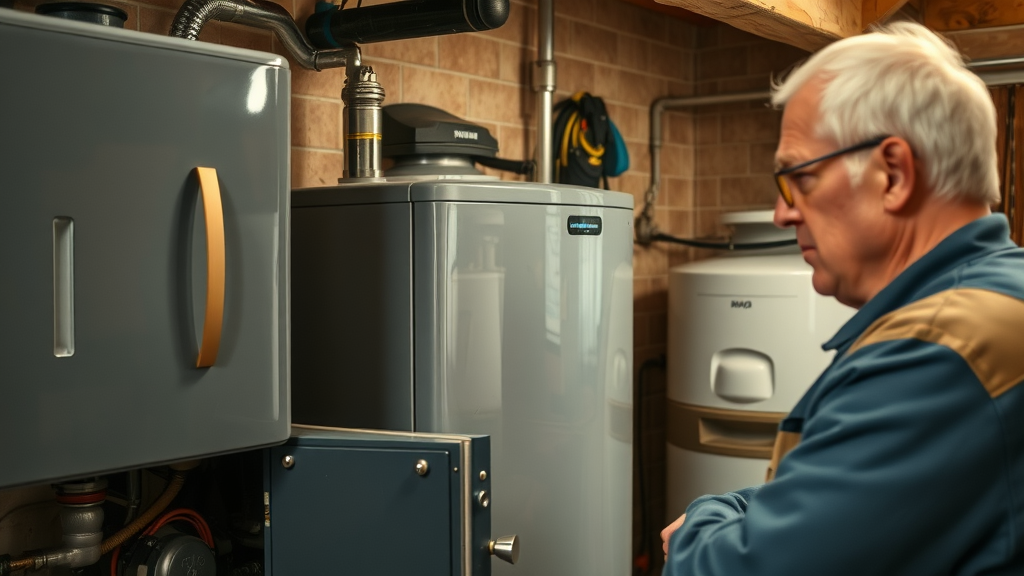 Close-up of oil-fired boiler in British utility room with technician and homeowner; oil boiler service frequency