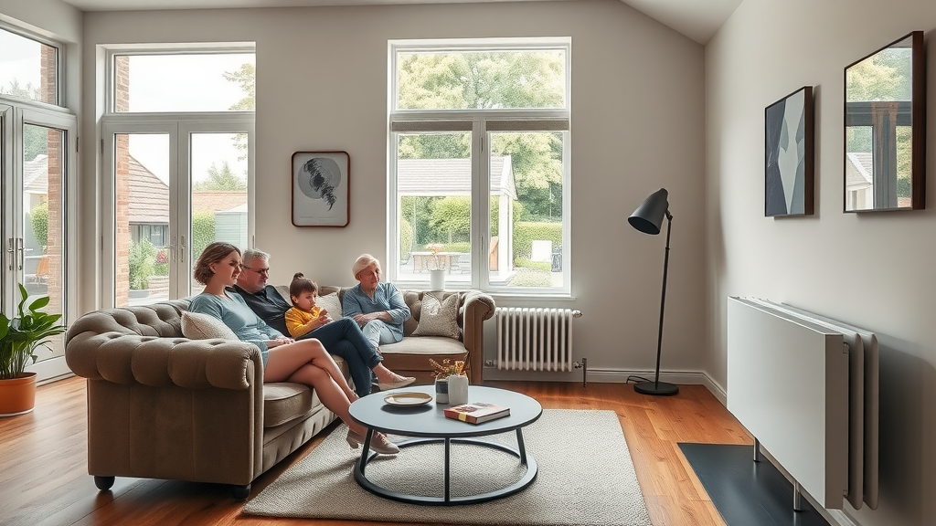 Contemporary Chesterfield living room showcasing modern radiator installation chesterfield, family relaxing, bright cozy home with windows and lush garden