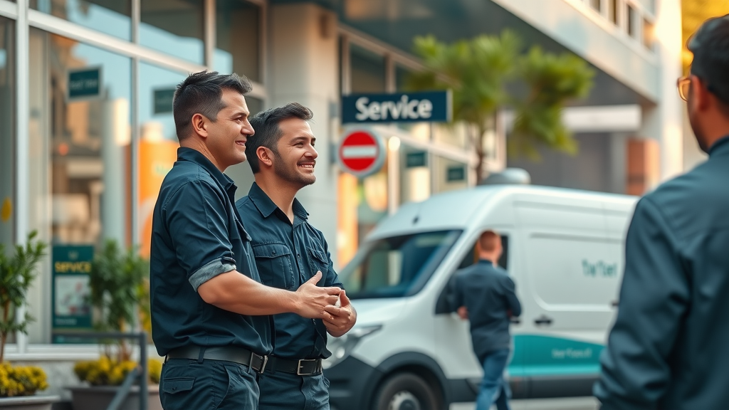 commercial plumbing services chesterfield - professional technicians greeting near service van outside a modern commercial building in Chesterfield