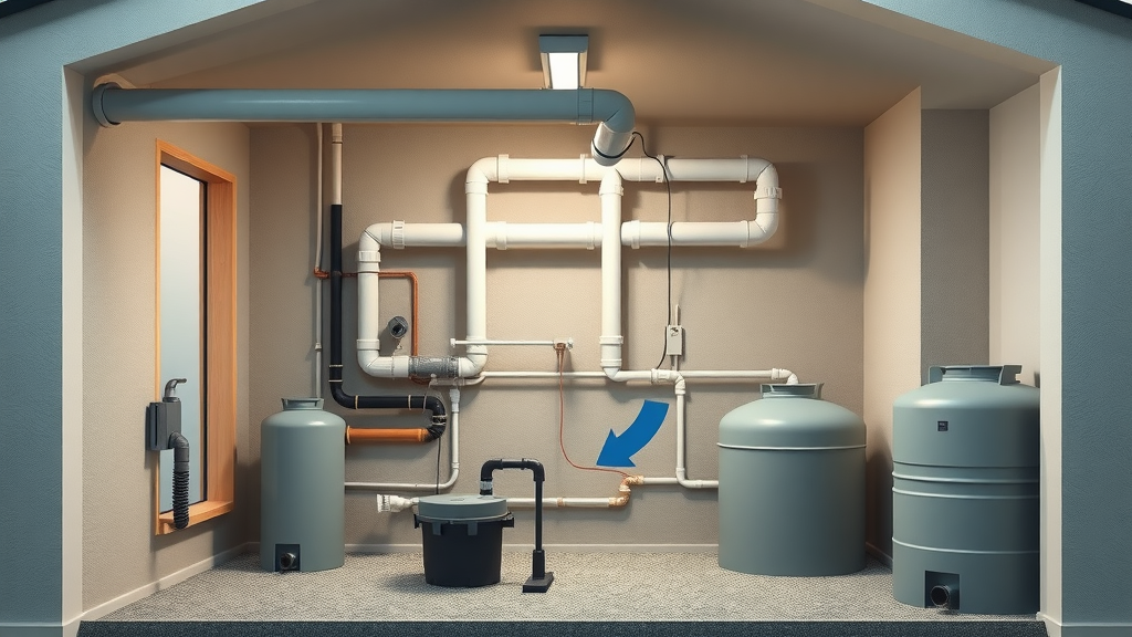 Cutaway view of home water recycling system for sustainable plumbing, pipes and tanks, water conservation