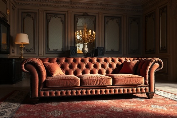 Luxurious central chesterfield, opulent and comfortable, nestled in a chic lounge area, photorealistic, elegant room with elaborate moldings and plush carpets, highly detailed, soft shadows, intricate textures, deep reds and browns, low-key lighting, shot with an 85mm lens.