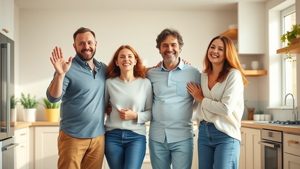 relieved family standing in dry modern Chesterfield kitchen after plumbing leak detection service