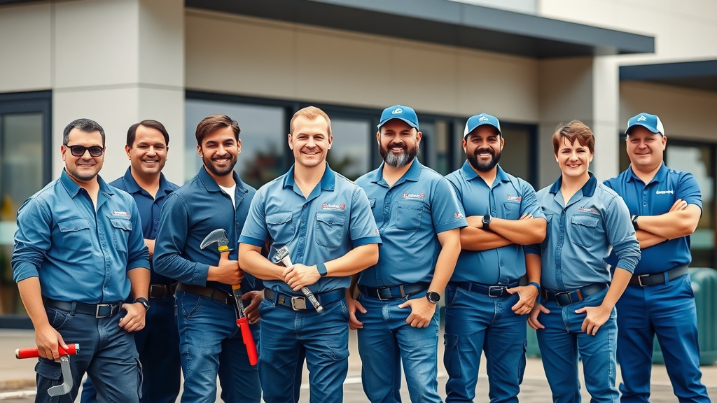 expert chesterfield plumbers - diverse team of professional plumbers in branded uniforms, commercial facility exterior