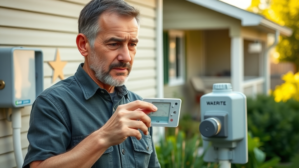 attentive homeowner uses leak detection system by checking house water meter readings for potential leaks