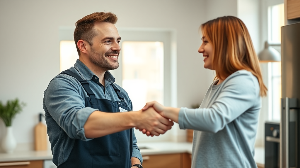 Eco-friendly plumber completing plumbing upgrade, handshake with satisfied homeowner in green kitchen