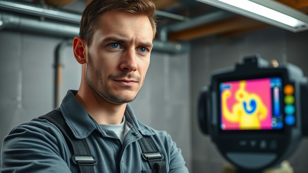 plumbing repairs - Concentrated plumber using thermal imaging to detect water leak in finished basement, pipes visible, camera shows heat signature