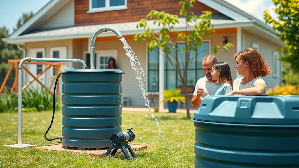 Home with rainwater harvesting system, collected rainwater for sustainable plumbing and irrigation
