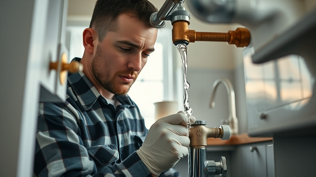 Experienced plumber repairing burst pipe under kitchen sink, Chesterfield home, detailed tools and water dripping, emergency plumber Chesterfield, metallic greys, macro detail