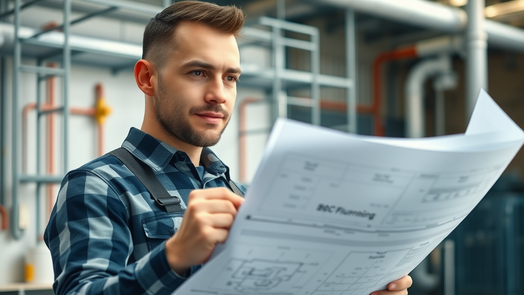 Licensed Commercial Plumber Chesterfield inspecting modern facility blueprints with visible pipes and industrial elements