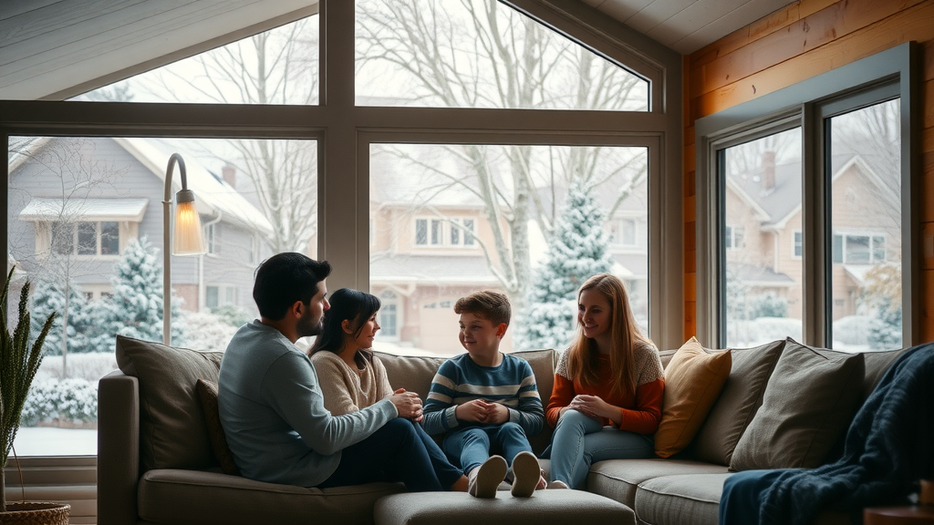 Central heating repair for a warm, inviting home with glowing windows during winter and steam rising from the chimney.