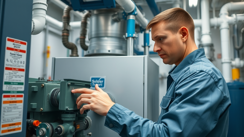 Engineer performing boiler maintenance in a tidy mechanical room, checking central heating system components.