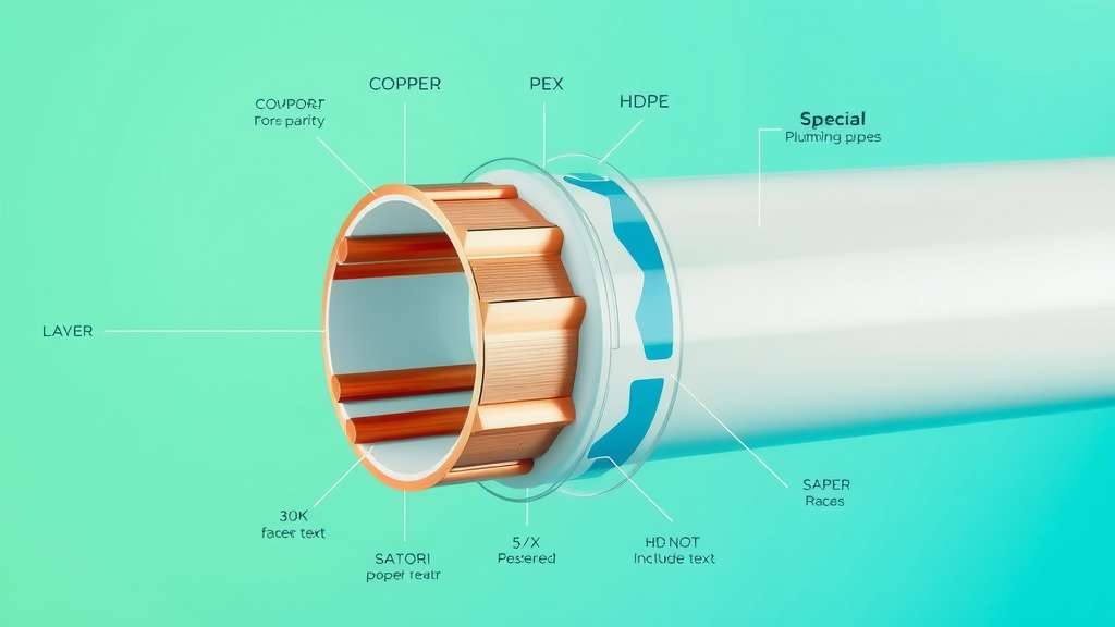 Diagram of sustainable plumbing pipes, showcasing copper, PEX, and HDPE layers for eco-friendly plumbing system choices