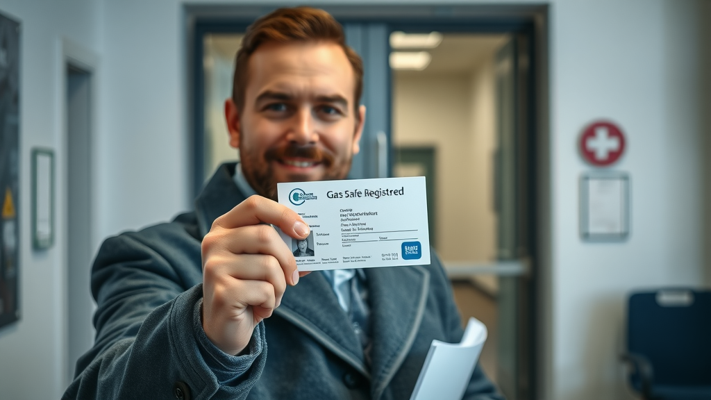commercial plumber Chesterfield holding Gas Safe Register ID card