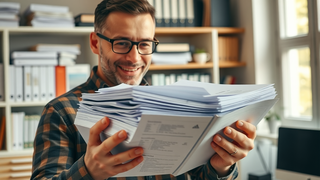 Hands browsing organized heating system maintenance logs and service manuals.