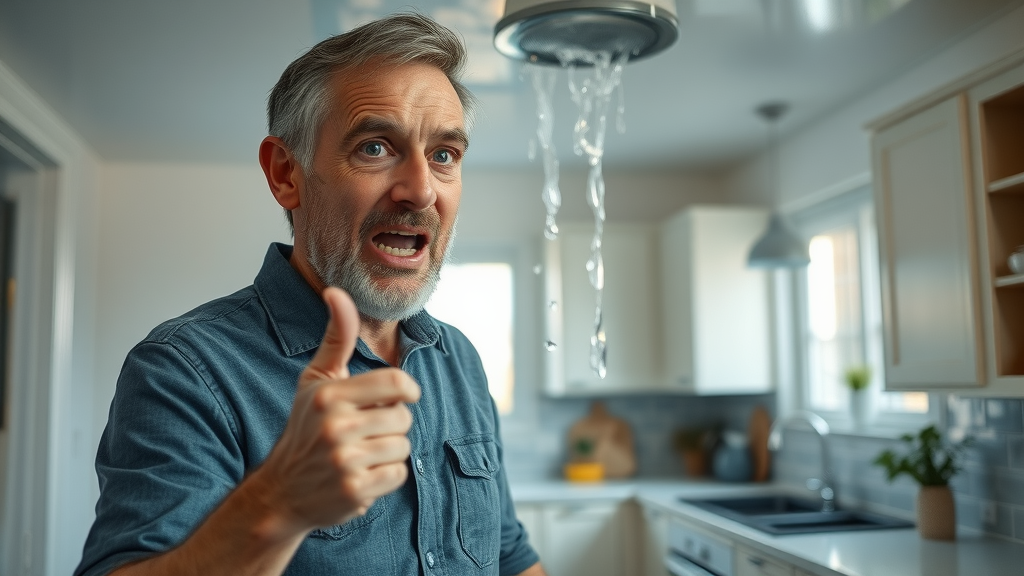 alarmed homeowner pointing at water leaking from ceiling in a Chesterfield home kitchen, same day plumber chesterfield emergency