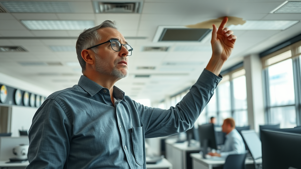 busy office commercial interior concerned facility manager inspecting ceiling water leak commercial plumber chesterfield