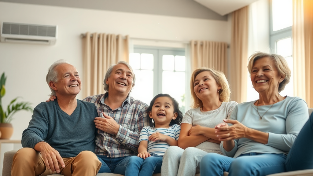 indoor air - happy family enjoying fresh clean air, modern living room, visible HVAC vent