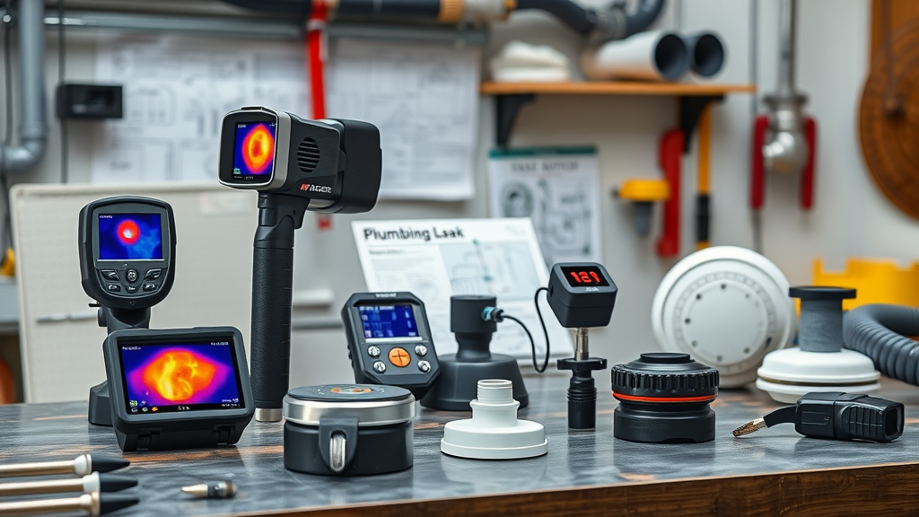 array of plumbing leak detection tools, thermal camera, acoustic device, smart sensor, detection system overview